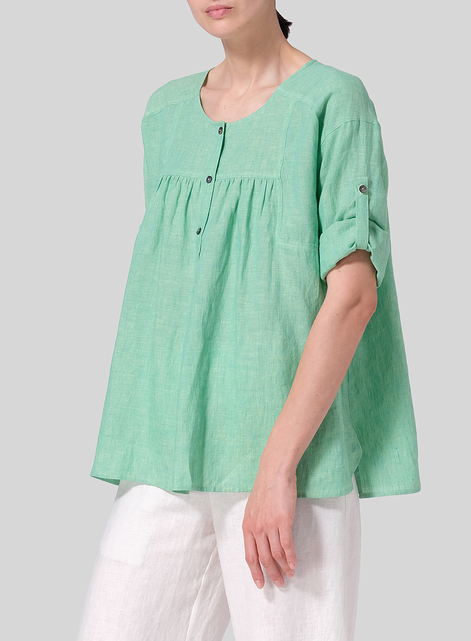 Linen Loose Fit Roll-Tab Sleeve Pleated Blouse