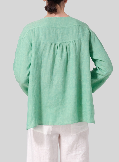 Linen Loose Fit Roll-Tab Sleeve Pleated Blouse