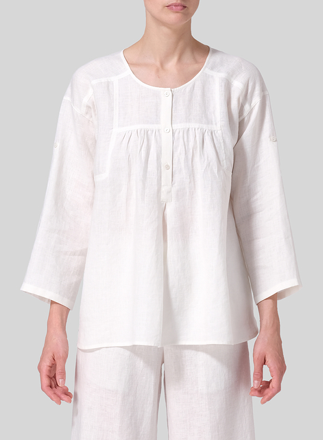 Linen Loose Fit Roll-Tab Sleeve Pleated Blouse