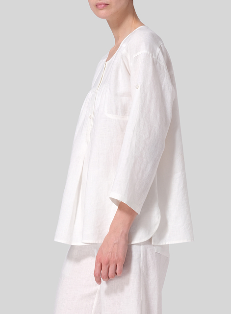 Linen Loose Fit Roll-Tab Sleeve Pleated Blouse