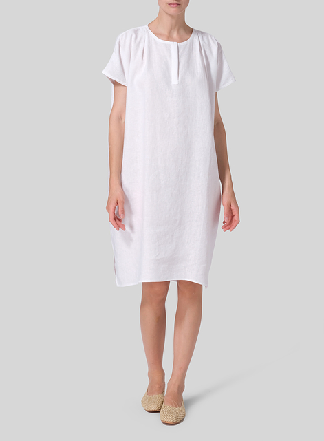 Linen Straight Cut V-neck Pleated Tunic