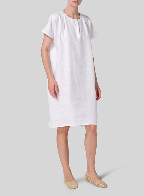 Linen Straight Cut V-neck Pleated Tunic