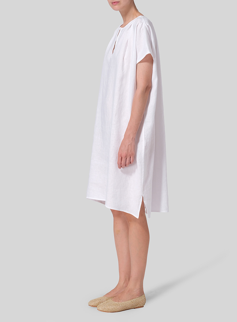 Linen Straight Cut V-neck Pleated Tunic