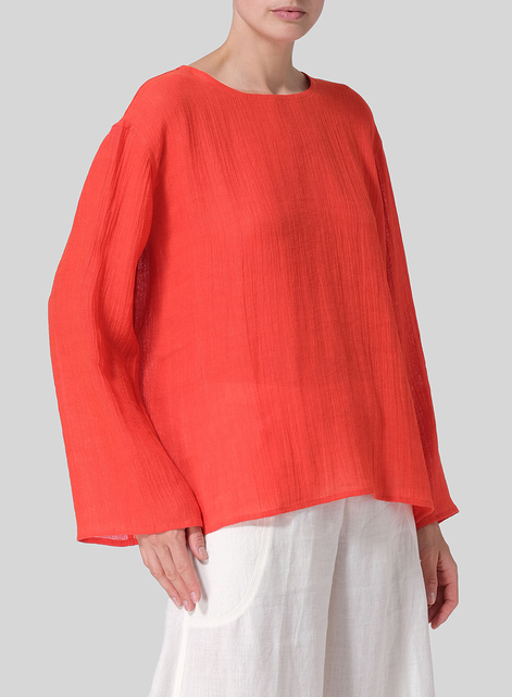 Linen Gauze Long Sleeve Loose Fit Blouse