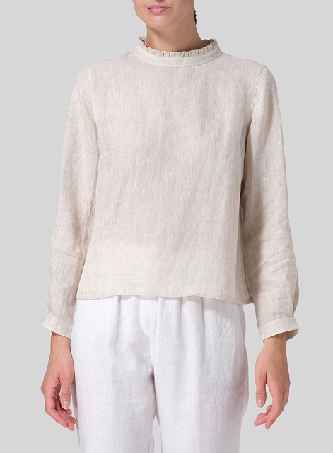 Linen Ruffle Stand Collar Cropped Blouse