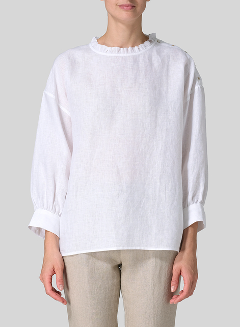 Linen Dropped Shoulder Ruffle Collar Blouse