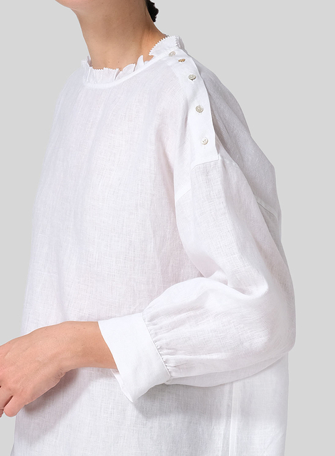 Linen Dropped Shoulder Ruffle Collar Blouse