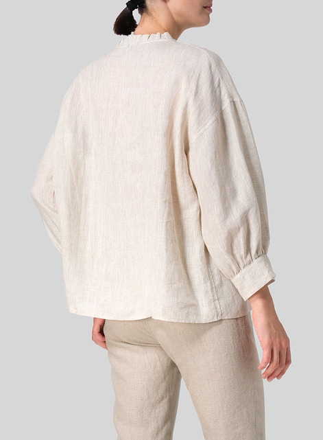 Linen Dropped Shoulder Ruffle Collar Blouse