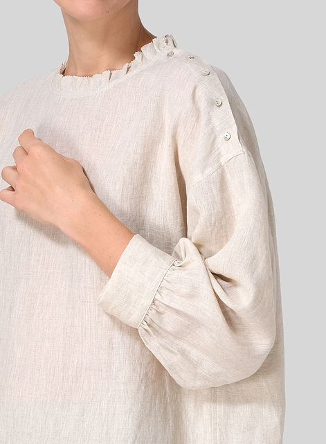 Linen Dropped Shoulder Ruffle Collar Blouse