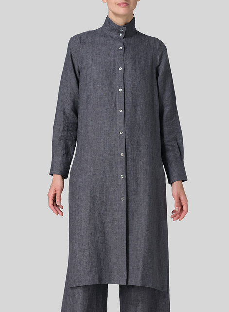 Linen High Stand Collar Long Shirt