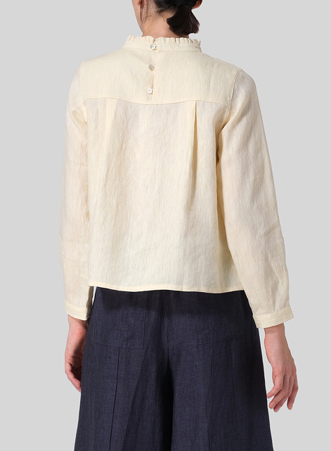 Linen Ruffle Stand Collar Cropped Blouse