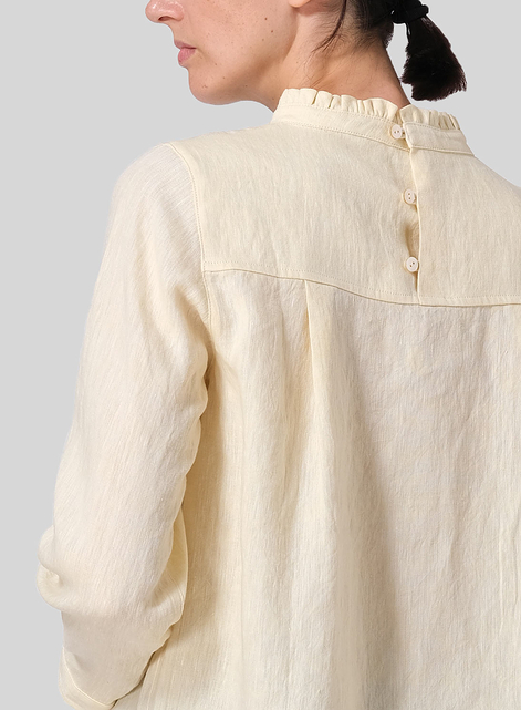 Linen Ruffle Stand Collar Cropped Blouse