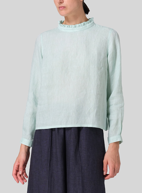 Linen Ruffle Stand Collar Cropped Blouse