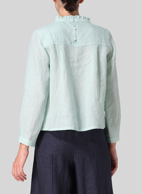 Linen Ruffle Stand Collar Cropped Blouse