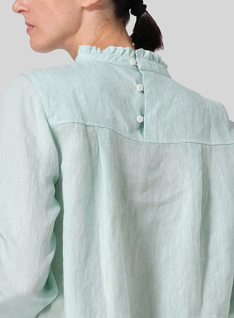 Linen Ruffle Stand Collar Cropped Blouse