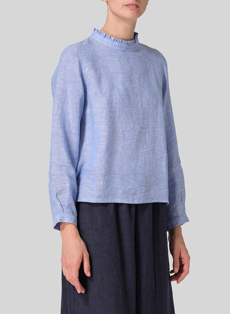 Linen Ruffle Stand Collar Cropped Blouse