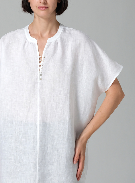 Linen V-neck Cape Sleeve Long Blouse