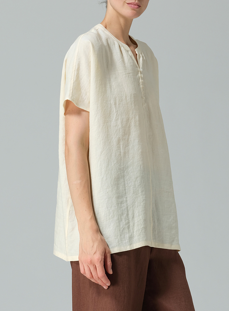 Linen V-neck Cape Sleeve Long Blouse