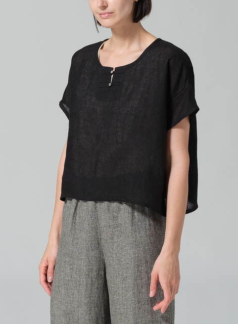 Linen Handmade Knot Button Boxy Cropped Top