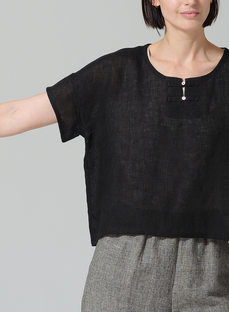 Linen Handmade Knot Button Boxy Cropped Top