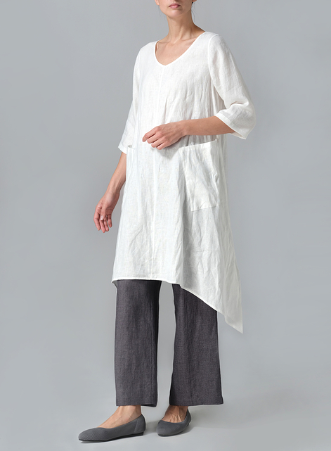 Linen A-line Handkerchief Hem V-neck Tunic