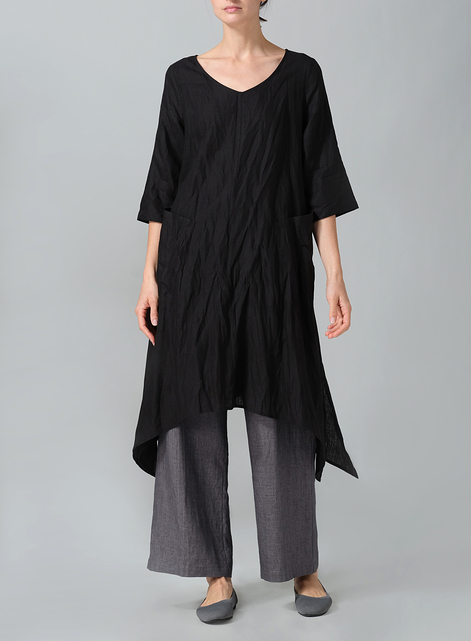 Linen A-line Handkerchief Hem V-neck Tunic