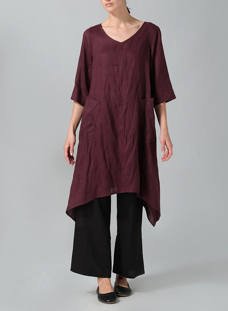 Linen A-line Handkerchief Hem V-neck Tunic