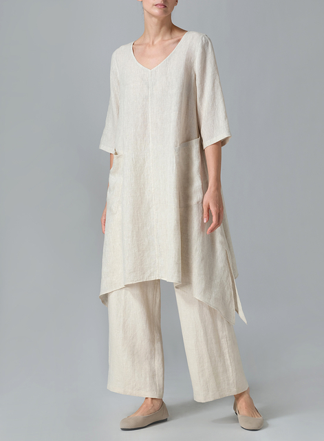 Linen A-line Handkerchief Hem V-neck Tunic