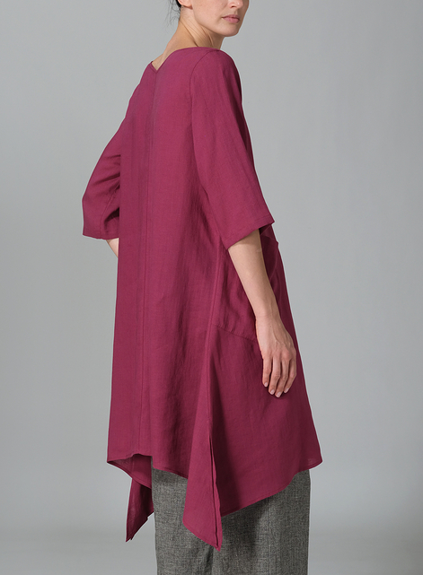 Linen A-line Handkerchief Hem V-neck Tunic