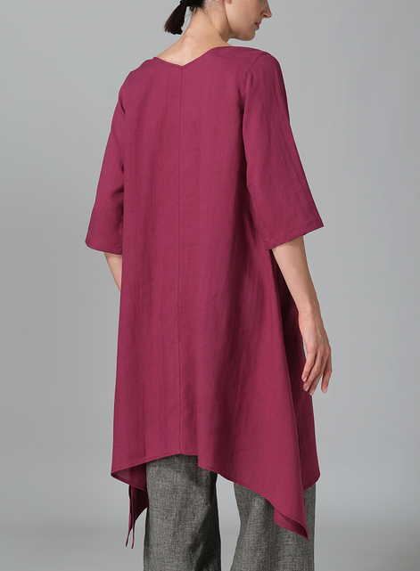 Linen A-line Handkerchief Hem V-neck Tunic