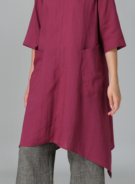 Linen A-line Handkerchief Hem V-neck Tunic