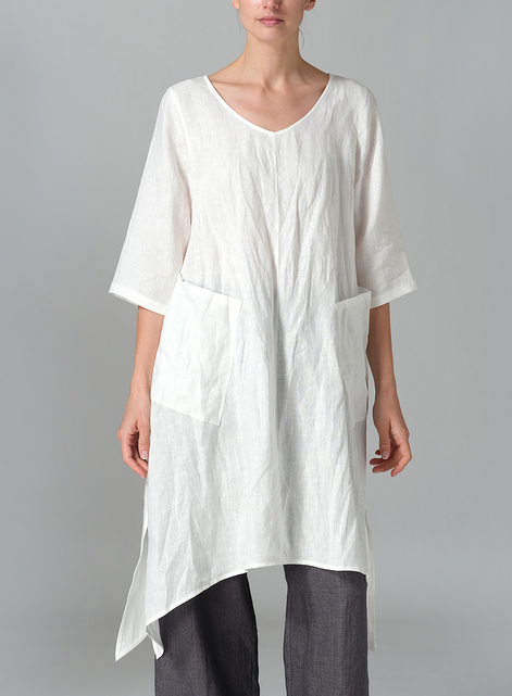 Linen A-line Handkerchief Hem V-neck Tunic