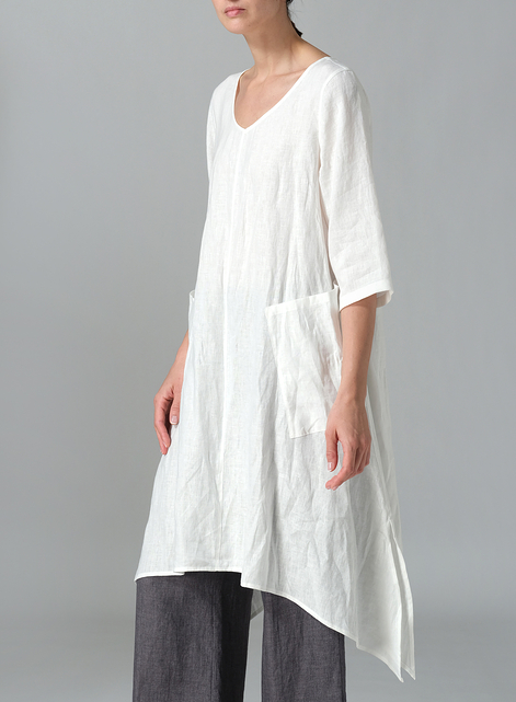 Linen A-line Handkerchief Hem V-neck Tunic