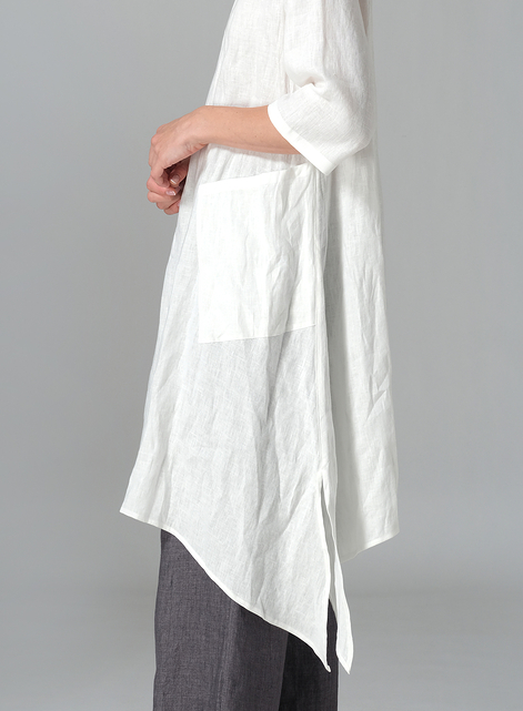 Linen A-line Handkerchief Hem V-neck Tunic