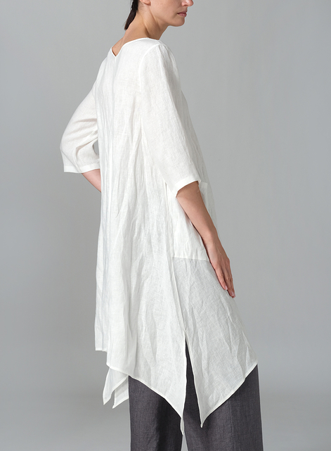 Linen A-line Handkerchief Hem V-neck Tunic