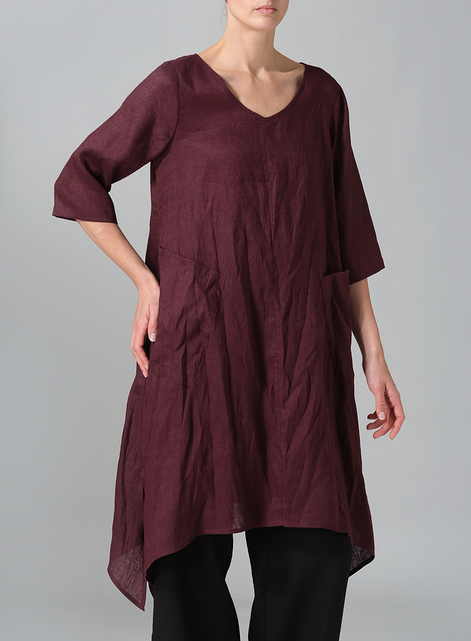 Linen A-line Handkerchief Hem V-neck Tunic