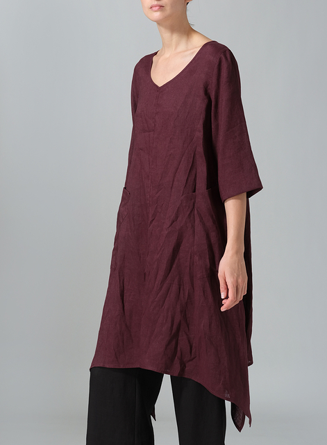 Linen A-line Handkerchief Hem V-neck Tunic