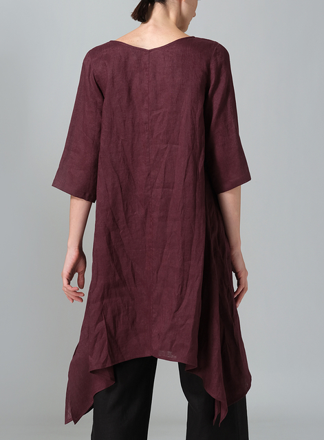 Linen A-line Handkerchief Hem V-neck Tunic