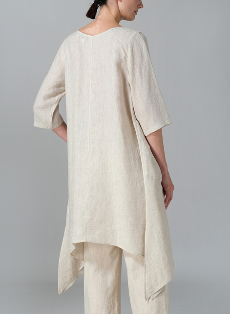 Linen A-line Handkerchief Hem V-neck Tunic