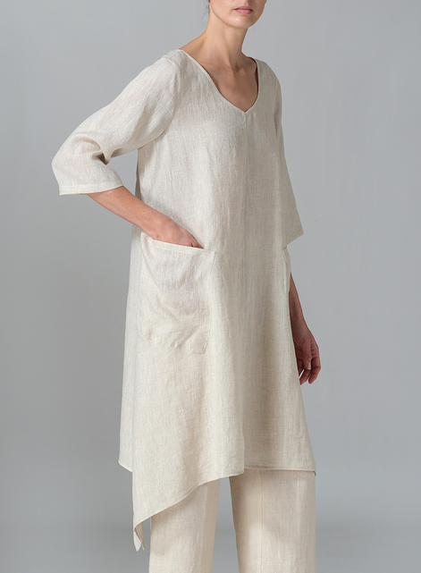 Linen A-line Handkerchief Hem V-neck Tunic