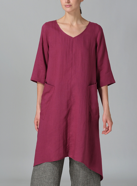 Linen A-line Handkerchief Hem V-neck Tunic