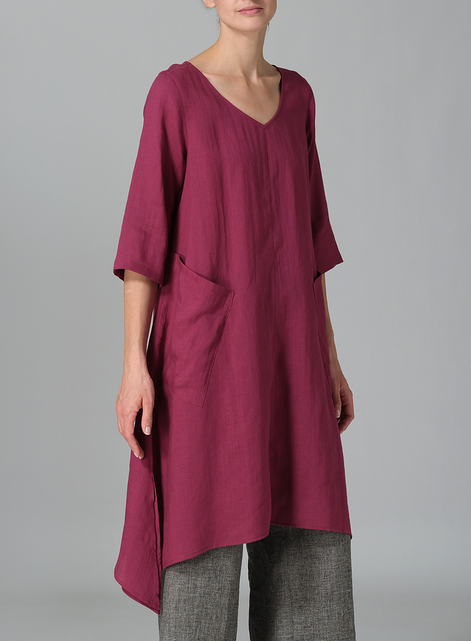 Linen A-line Handkerchief Hem V-neck Tunic