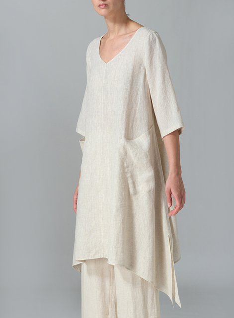 Linen A-line Handkerchief Hem V-neck Tunic