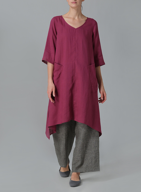 Linen A-line Handkerchief Hem V-neck Tunic