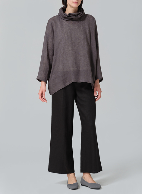 Woven Linen Long Sleeve Cowl Neck Top