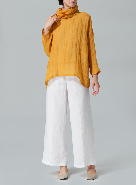 Woven Linen Long Sleeve Cowl Neck Top