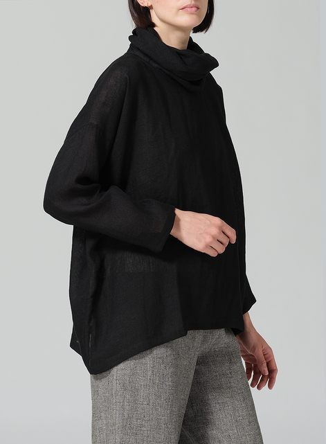 Woven Linen Long Sleeve Cowl Neck Top