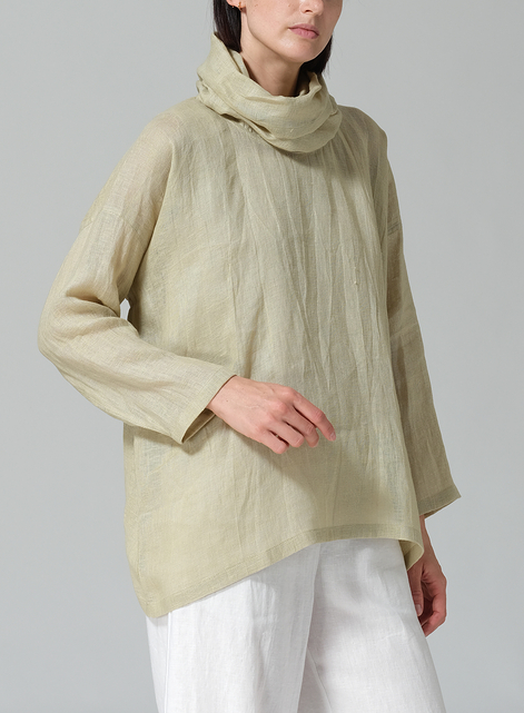 Woven Linen Long Sleeve Cowl Neck Top