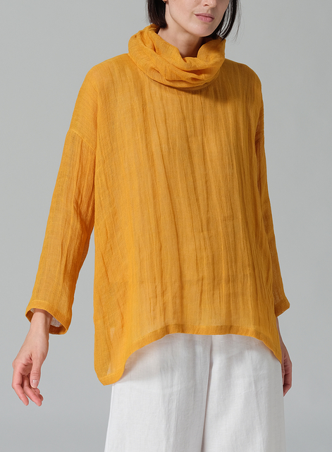 Woven Linen Long Sleeve Cowl Neck Top