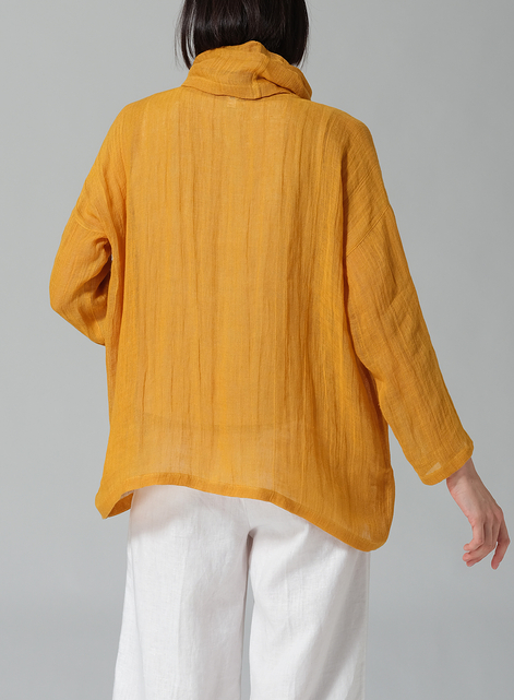 Woven Linen Long Sleeve Cowl Neck Top